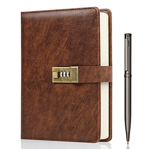 WEMATE Diary with Lock, A5 PU Leather Journal with Lock 240 Pages, Vintage Lock Journal Password Protected Notebook with Pen & Gift Box, Lock Diary Planner Organizer for Men and Women, 8.6x5.8in