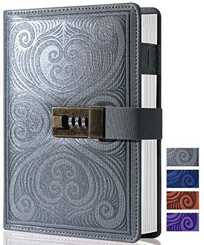 CAGIE Diary with Lock for Women Refillable Mens Journal with Combination Lock, 224 Lined and Blank Pages Secret Locking Journal for Adults with Zippered Inner Pocket, B6 5.1 inch x 7.4 inch, Grey