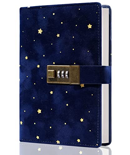CAGIE Journal with Lock Secret Diary with Lock, Velvet Coverd Locked Journal, 5.1 x 7.4 Inch Refillable 224 Pages Diary for Women Men, Blue