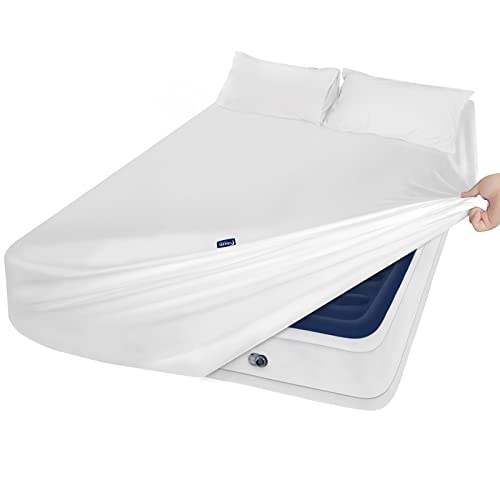 Extra Deep Pocket Air Mattress White Sheets Twin Size - 3Pcs Side Storage Pocket Fitted Sheet & Pillowcase Twin Deep Pocket Sheet Sets Easily Fits 16in to 24in Pillow Top Air Bed Mattress