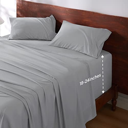 Bedsure Deep Pocket Twin Sheets Set - Air Mattress Sheets with 18 to 24 inch Deep Pocket, Microfiber Soft Breathable Moisture Wicking Bedding Sheets & Pillowcases, Light Grey, 3 Piece
