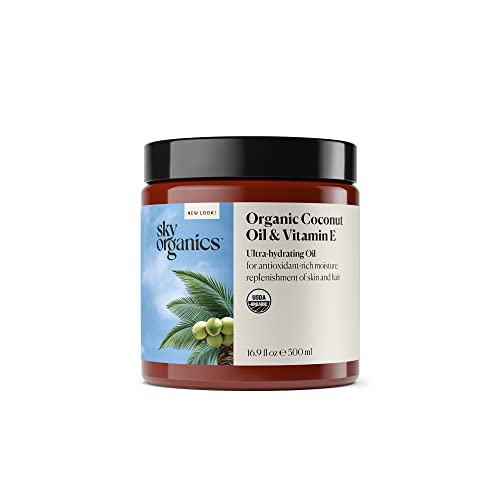 Sky Organics Organic Coconut Oil + Vitamin E for Skin & Hair USDA Certified Organic to Moisturize, Soften & Smooth, 16.9 fl. Oz