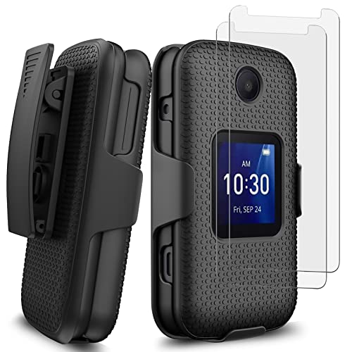 FLYME.US FLYME for Alcatel Go Flip 4 / TCL Flip Pro/TCL Flip Case with Screen Protector (2 Pack), Heavy Duty Shockproof Anti-Scratch Non-Slip Armor Dual Layer Kickstand Belt Clip Holster Case,Black