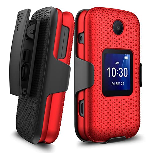 TJS Compatible with Alcatel Go Flip 4 Case (4056W/4056Z), TCL Flip Case (4056L), TCL FLIP Pro Case (4056s/4056V) Belt Clip Holster Hybrid Shockproof Kickstand Heavy Duty Protector Phone Case (Red)