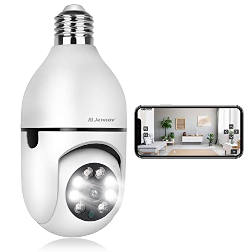 Jennov 3MP/2K Light Bulb Security Camera Wireless Outdoor, 2.4GHz Light Socket Security Camera, 360 Indoor WiFi Home Lightbulb Surveillance Camera Motion Detection, Color Night Vision, Two Way Talk