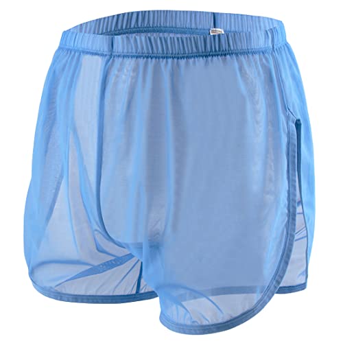 YINYOUYU Mens See Through Shorts Sexy Mesh underwear Large Split Side Boxer Loose Lounge Breathable Underpants L Blue
