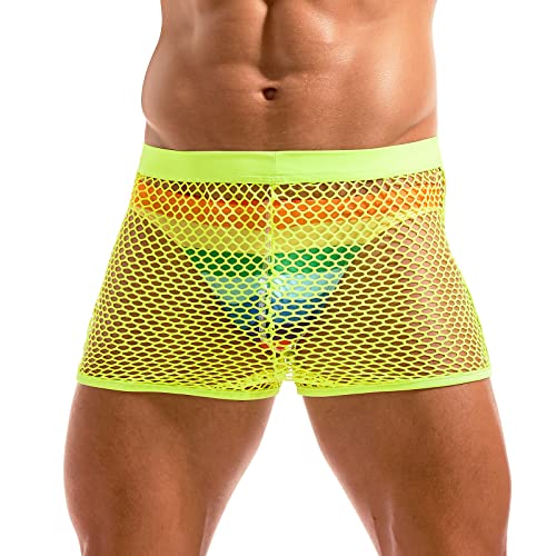 AMY COULEE Mens Fishnet Shorts See Through Mesh Boxer Briefs Sexy Lounge Underwear Swim Trunks Cover Up (XL, Green)