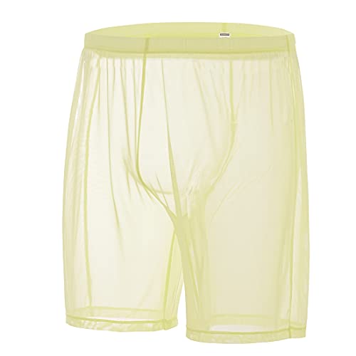 Sexy Man Mesh Sleep Bottoms Sleepwear Shorts Sheer See Through Transparent Nylon Pants Brand Home Wear Yellow