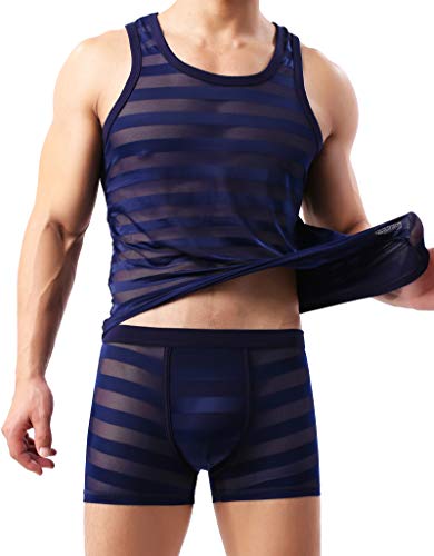 Mens See Through Tank Top Set Mesh Tank Top with Sexy Boxer Brief Set (Set-01-blue, Large)