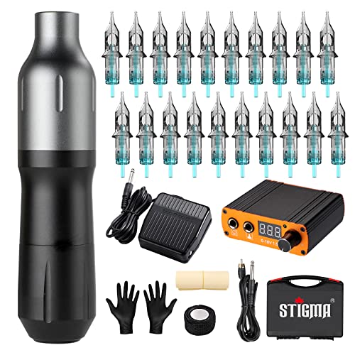 STIGMA Tattoo Gun Tattoo Kit Complete Rotary Tattoo Machine Pen with 20Pcs Cartridges Needles Digital Display Power Supply Tattoo Kit with Plastic Box for Beginners and Tattoo Artists STP7KITP192-1