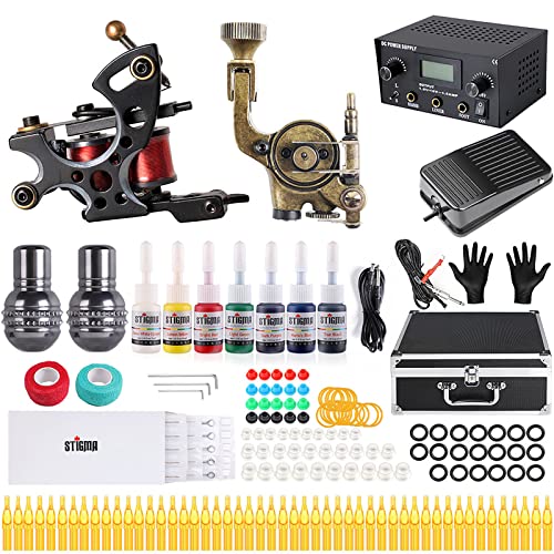 STIGMA Tattoo Kit Complete Tattoo Machine Kit Rotary Tattoo Kit Coils Tattoo Machine Gun Power Supply Color Inks with Case MK682A