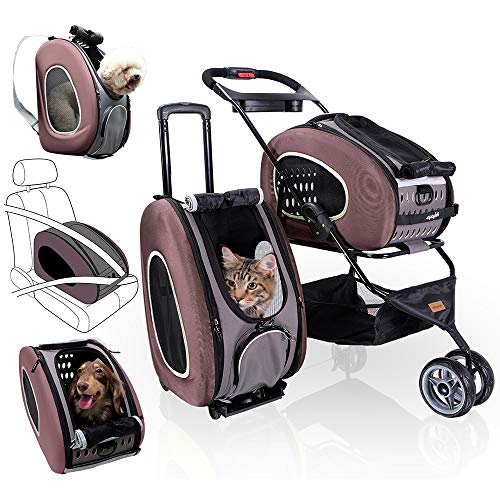 5-in-1 Pet Carrier with Backpack, Pet Carrier Stroller, Shoulder Strap, Carriers with Wheels for Dogs and Cats - Brown