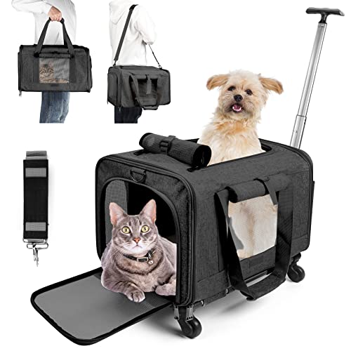 18*11*11.4 Cat Dog Carrier TSA Delta Southwest Airline Approved with Wheels for Small Dogs or Medium Cats Under 20LBS, Escape Proof Rolling Pet Carrier with Telescopic Handle for Walking Travel