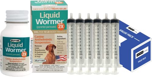 Liquid Wormer 2X Durvet Puppy Dewormer (2 oz) w/ 6 Oral Syringes (10 mL, 2 Tsp.) For Young Puppies & Adult Dogs (All Life Stages) Including Lactating - Pyrantel Pamoate Controls Hookworms & Roundworms