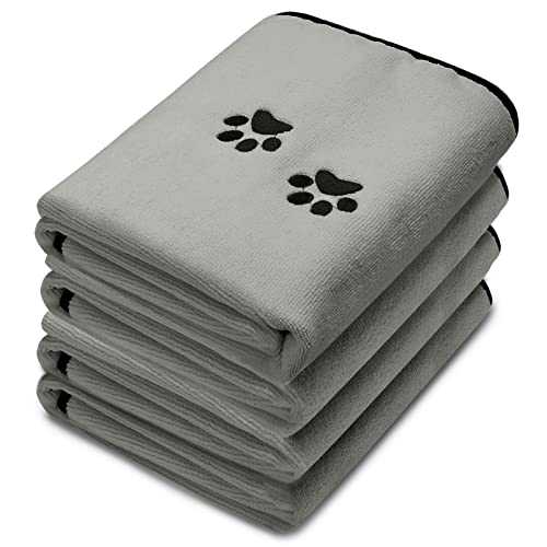 Tegeme 4 Pack Dog Towels for Drying Dogs Microfiber Dog Towel Soft Absorbent Pet Bath Towel Dog Drying Grooming Towel with Embroidered Paw for Pet Dogs Cats Bathing and Grooming (Gray, 35 x 20 Inch)