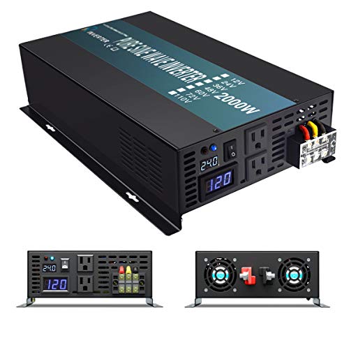 Reliable 2000W High Frequency LED Display Power Generator True Pure Sine Wave Solar Power Inverter Off Grid DC to AC 24V 120V Converter(Black)