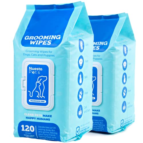 Nuesta Pets Hypoallergenic Pet Wipes - Deodorizing No Bath Cleaning for Dogs & Puppy Grooming | Ear, Face, Butt, Paw Wet Wipe | Enriched w/Aloe, Chamomile, Oat Amino Acids for Healthier Coat & Skin