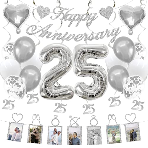 Concico 25th Anniversary Decorations Party Supplies Set of Happy Anniversary Photo Banner and Balloons,Hanging Swirls for 25 year Wedding Anniversary decor(silver)