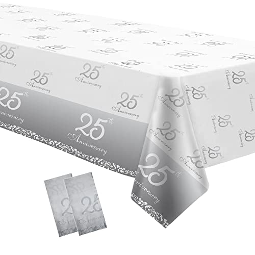 APOWBLS 25th Anniversary Decorations Tablecloth - Disposable Silver 25th Wedding Anniversary Decorations Table Cover, for 25 Year Anniversary Table Cloth - 2 Pack (54in x 108in)