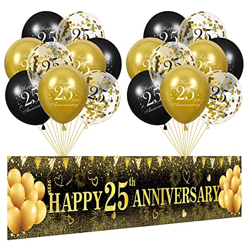 25th Wedding Anniversary Decorations, Black Gold Happy 25th Anniversary Yard Banner and 18Pcs 25th Happy Anniversary Balloons for 25th Wedding Anniversary Birthday Party Supplies