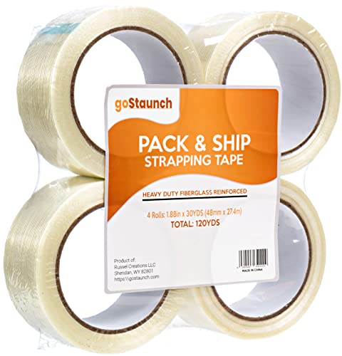 goStaunch Strapping Tape (1.88" x 30yds, Pack of 4) Heavy Duty Packing Tape Rolls - 5.5mil Fiberglass Tape - 2X Thicker Shipping Tape - Synthetic PET Adhesive Filament Tape - Reinforced Packing Tape