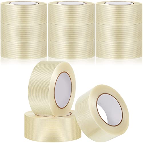 12 Rolls Filament Strapping Tape 2 Inch x 55 Yards 5.7 Mil Fiberglass Tape Heavy Duty Filament Tape Transparent Reinforced Packing Tape Fiber Tape for Packaging Sealing Binding Fixing Supplies