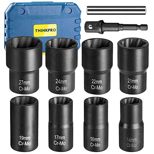 THINKPRO 10 PCS Bolt Nut Extractor Set, 1/2-Inch Drive Lug Nut Remover Socket Tool, Easy Out Bolt Extractor Set for Damaged, Frozen, Studs, Rusted, Rounded-Off Bolts & Nuts Screws