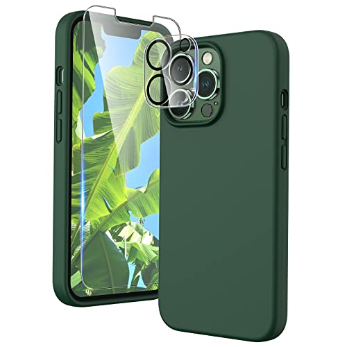 TOCOL 5 in 1 for iPhone 13 Pro Max Phone Case, with 2 Pack Screen Protector + 2 Pack Camera Protector, Liquid Silicone [Anti-Scratch], Alpine Green