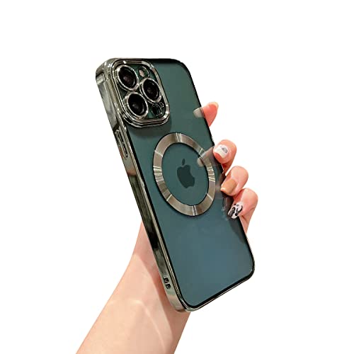Threehundred for iPhone 13 Pro Max Case Magnetic Clear with Camera Lens Protector Full Protection MagSafe Electroplated Silicone Dust-Proof Net Shockproof Protective Case Cover 6.7 Inch - Alpine Green