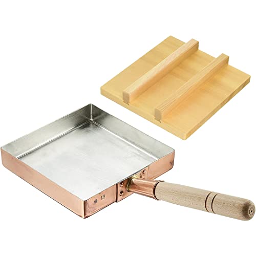 TIKUSAN Japanese Tamagoyaki Omelets Copper Pan with Wooden Lid 7.1 inch (1818 cm) Square Type Egg Pan