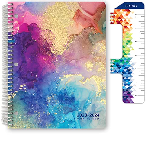 Global Datebooks Dated Middle School or High School Student Planner for Academic Year 2023-2024 Includes Ruler/Bookmark and Planning Stickers (Matrix Style - 8.5"x11" - Rainbow Gold Marble)