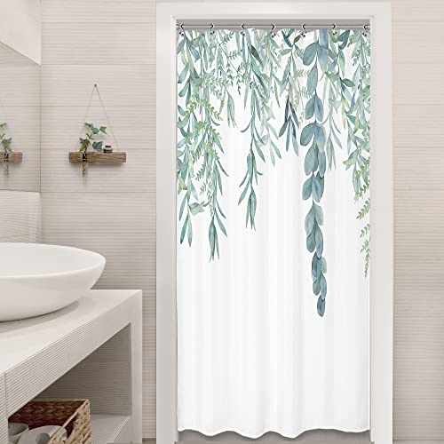 Riyidecor Walkin Small Stall Shower Curtain 36Wx70H Inch Half Narrow RV Green Leaves Bathroom Accessories Watercolor Eucalyptus Plants Fabric Waterproof Home Bathtub Decor 7 Pack Plastic Hook CO-DC1V