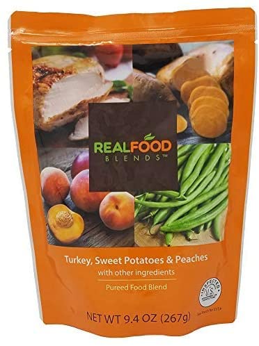 Real Food Blends Turkey, Sweet Potatoes & Peaches - Pureed Food Meal for Feeding Tubes, 9.4 oz Pouch (Pack of 12 Pouches)