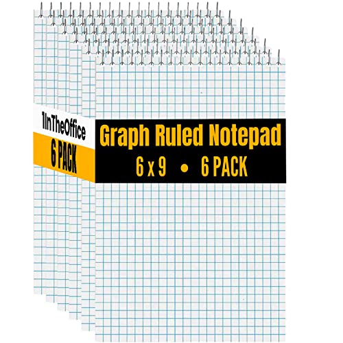 1InTheOffice Graph Ruled Notepad 6" x 9", Quad Ruled Graph Paper Spiral Note Pad 6x9, White, 80 Sheets/Pad, 6 Pads/Pack