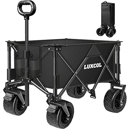 LUXCOL Collapsible Folding Wagon, Heavy Duty Utility Beach Wagon Cart for Sand with Big Wheels, Adjustable Handle&Drink Holders for Shopping, Camping,Garden and Outdoor