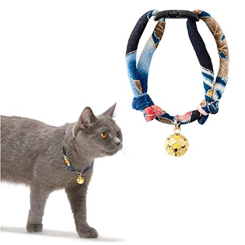 Necoichi Chirimen Cat Collar with Clover Bell (Navy)