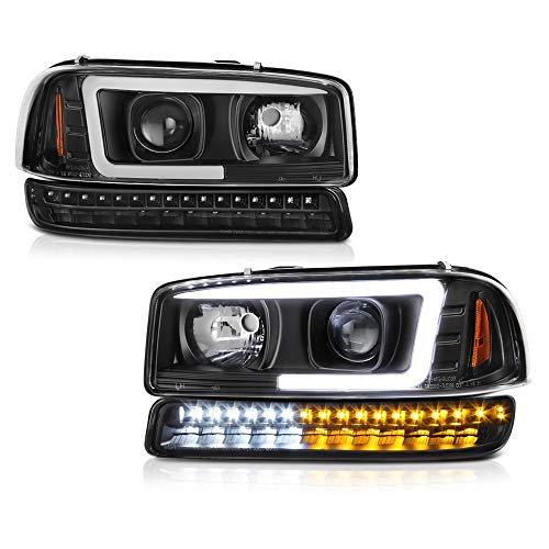 VIPMOTOZ Black OLED Neon tube Projector Headlight + LED Strip Front Bumper Parking Turn Signal Lamp Housing Assembly Replacement For 1999-2006 GMC Sierra 1500 2500 3500, Yukon & Yukon XL