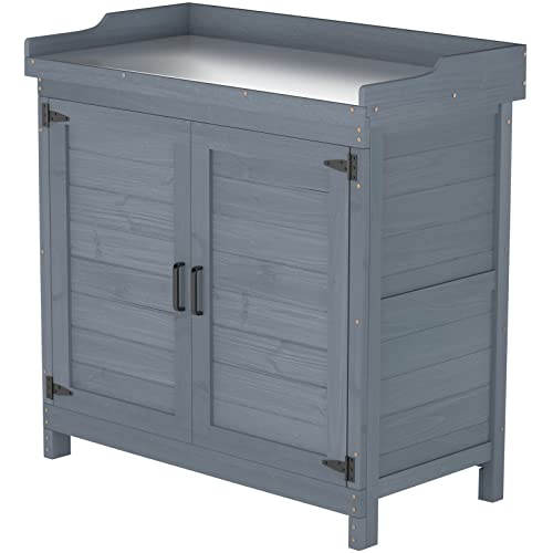 GOOD LIFE USA Outdoor Garden Patio Wooden Storage Cabinet Furniture Waterproof Tool Shed with Potting Benches Outdoor Work Station Table (Gray)