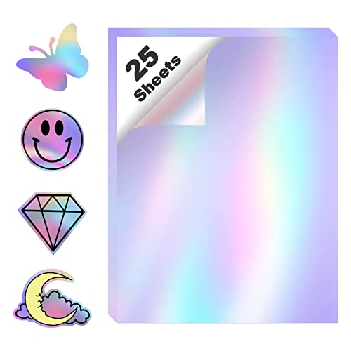 Printable Holographic Sticker Paper for Inkjet Printer, Holographic Overlay for Stickers 25 Sheets 8.5 x 11 Inch. Holographic Labels for Scrapbooking, Bullet Journal,Bottles,Jar,Laptop, Class Project