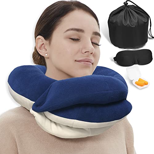BUYUE Travel Neck Pillows for Airplane, 360 Head Support Sleeping Essentials for Long Flight, Skin-Friendly & Breathable, Kit with 3D Contoured Eye Mask, Earplugs, Storage Bag (Adult, Navy Blue)