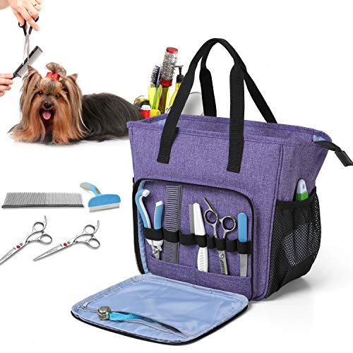 Teamoy Pet Grooming Tote, Dog Grooming Supplies Organizer Bag for Grooming Shears, Deshedding Tool, Towels, Shampoo and More, Purple