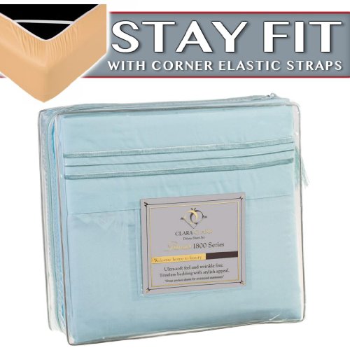 Clara Clark 1800 Series Bed Sheet Sets - Stay fit on Mattress with Elastic Straps at Corners - Cal King Size, Light Blue Aqua