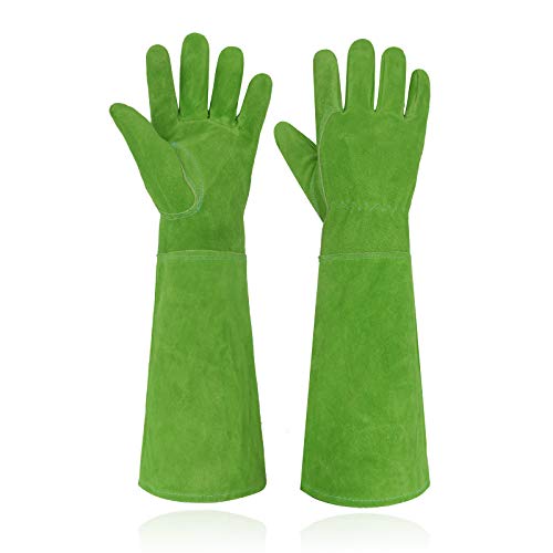 HANDLANDY Ladies Leather Gardening Gloves, Thorn Proof Long Gauntlet Heavy Duty Garden Gloves, Elbow Length Women Rose Pruning Gloves (Medium, Green)