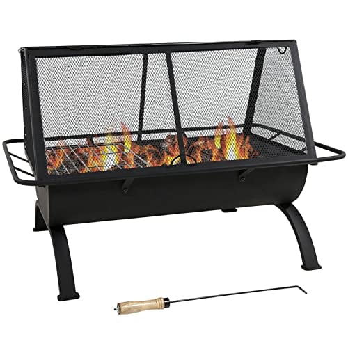 Sunnydaze Northland Outdoor Rectangular Fire Pit with Grill - 36-Inch Large Wood-Burning Patio & Backyard Fire Pit for Outside with Cooking BBQ Grill Grate, Spark Screen, Poker and Cover