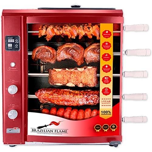 Brazilian Flame Rotisserie Grill Roaster with 5 Auto Rotating Skewers in Red for Rotisserie Chicken, Steak, Fish, Brazilian Style BBQ and Churrasco, Modern Portable Smoke-Free Propane Grill