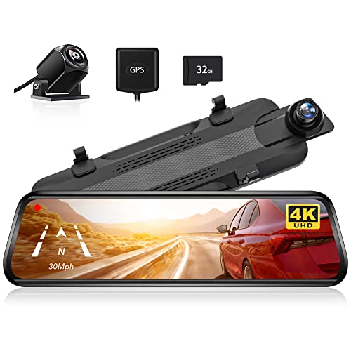WOLFBOX G930 4K 10" Rear View Mirror Camera, Dash Cam Front and Rear for Car with 32GB Card, Touch Screen Smart Rear View Mirror Backup Camera, Parking Monitor, Reverse Assist, GPS, Support 256GB Max
