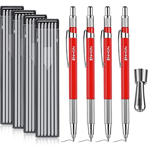 Enhon Welders Pencil with 12PCS Refills, Mechanical Metal Marker Silver Pen with Built-in Sharpener for Welding, Steel, Fabrication, Woodworking (4 Set)