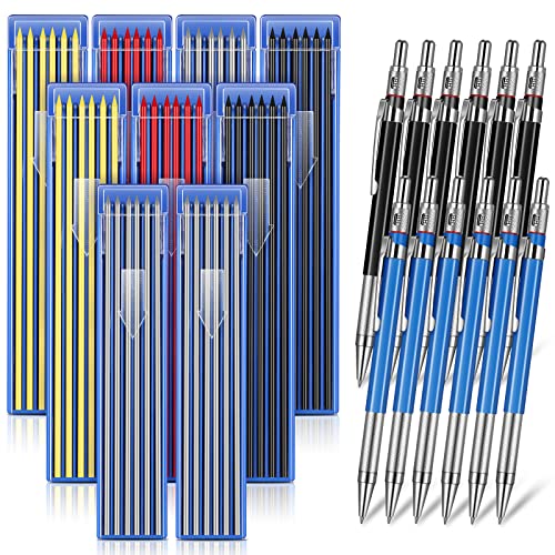 Nezyo 12 Pieces Welder Pencil with 108 Pieces Round Silver and Colorful Refills Mechanical Pencil Metal Marker with Built in Sharpener Pen for Construction Workers, Metal Work, Plumbers, Framers