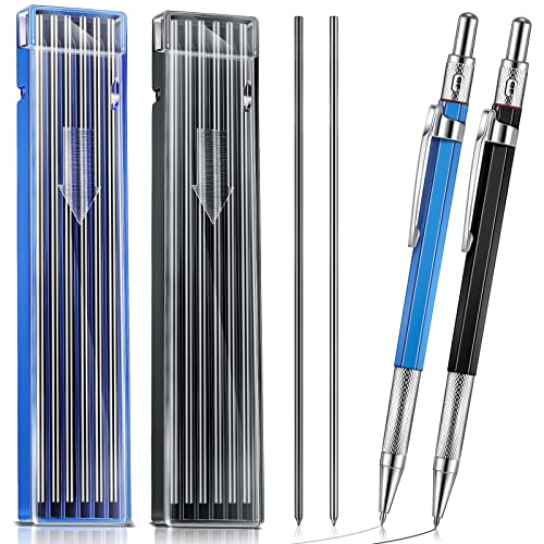 2 Pcs Welder Pencil with 12 Pcs 2.0 mm Round Silver Refills Metal Marker Mechanical Pencils with Built in Sharpener for Construction Workers, Metal Work, Welders (Blue, Silver, Black)