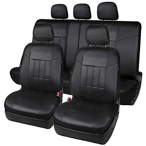 Leader Accessories 17pcs Black Faux Leather Car Seat Covers Full Set Front + Rear with Airbag Universal Fits for Trucks SUV Included Steering Wheel Cover/Seat Belt Covers